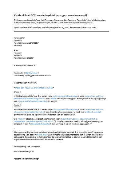 voorbeeldbrief opzeggen abonnement  lidmaatschap ecc nederland