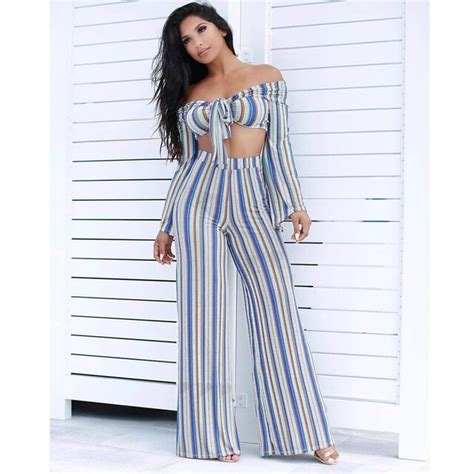 Women Two Piece Flare Pants Set 2019 Fashion Summer Streetwear Blue