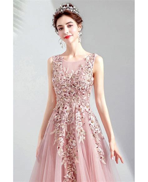 stunning beaded embroidery aline tulle pink prom dress sleeveless
