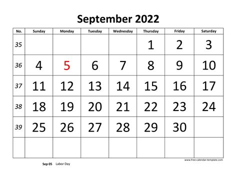 september  calendar designed  large font horizontal