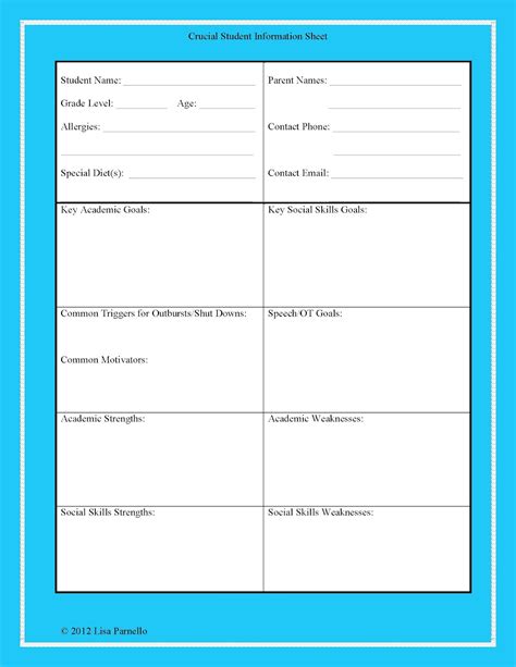 elementary cottage student information sheet