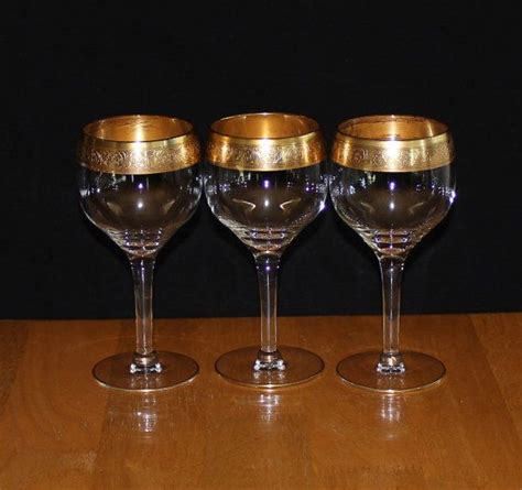 Stunning Set Of 3 Vintage Gold Encrusted Wine Glasses