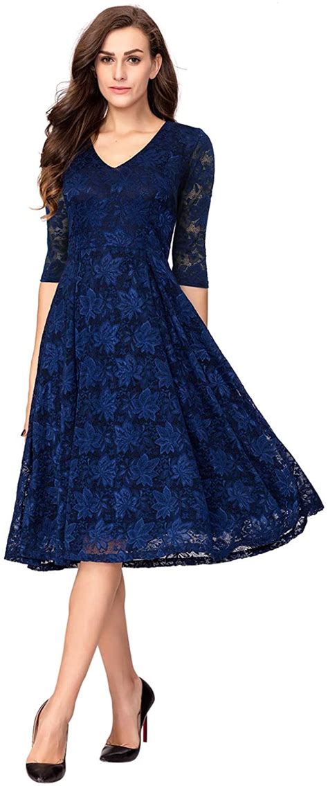 noctflos women s 3 4 sleeves lace fit and flare midi cocktail dress for
