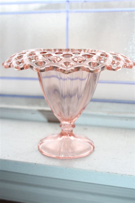 pink depression glass tiffin vase open work rolled edge vintage 1930s