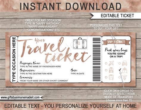 printable travel ticket gift template surprise vacation reveal