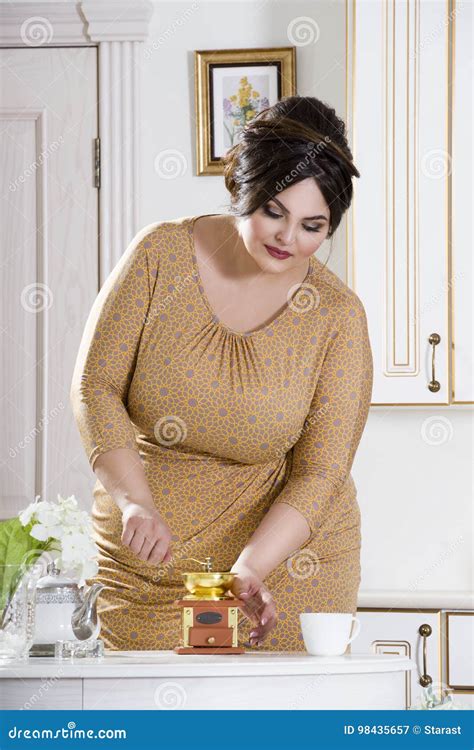 Plus Size Fashion Model On Kitchen Fat Woman On Luxury Interior