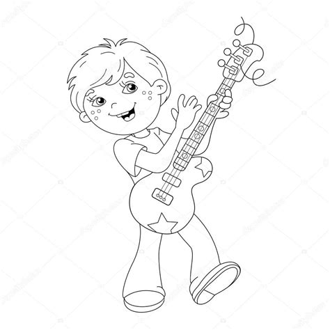 coloring page outline  cartoon boy playing guitar stock vector
