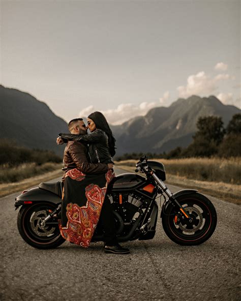 edgy vancouver couple takes harley motorcycle for a spin at engagement
