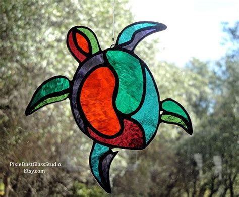 stained glass suncatcher abstract sea turtle  vibrant etsy
