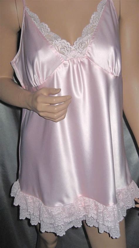 soft pink shiny liquid satin slip nightgown lingerie l ruffle frilly