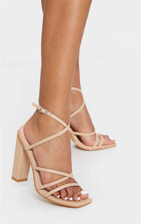 nude chunky heel strappy square toe heeled sandals prettylittlething