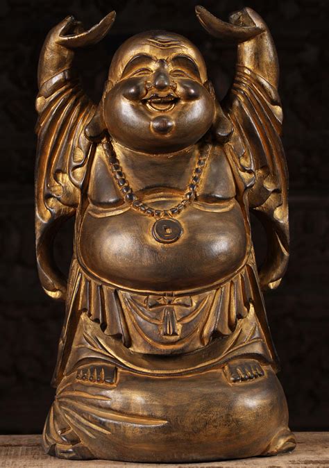 Sold Wood Happy Buddha Antique Gold Statue 20 5bw5a