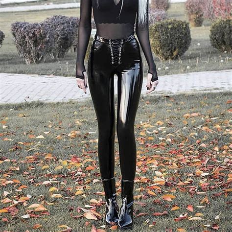 newasia goth leather pants black high waist button loose long trousers