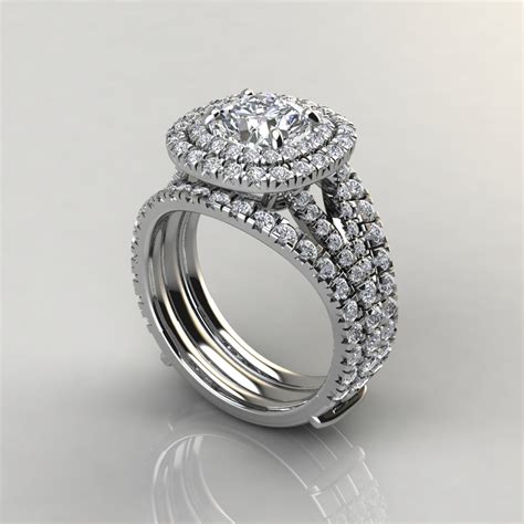 moissanite double halo engagement ring  matching enhancer ring set  moissanite