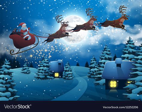 santa claus flying   sleigh  deer house vector image
