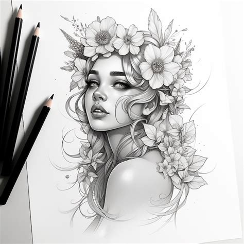 premium ai image tattoo sketch   beautiful girl  flowers