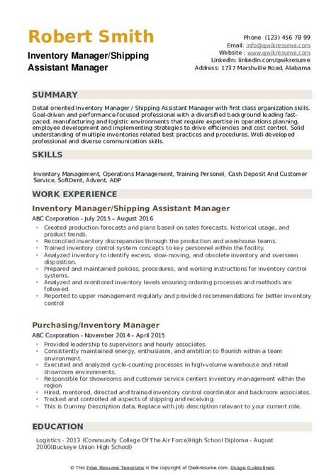 inventory manager resume samples qwikresume