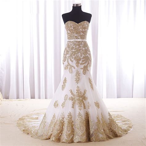 Real Wedding Dress Gold Lace Appliques Bridal Dresses Court Train