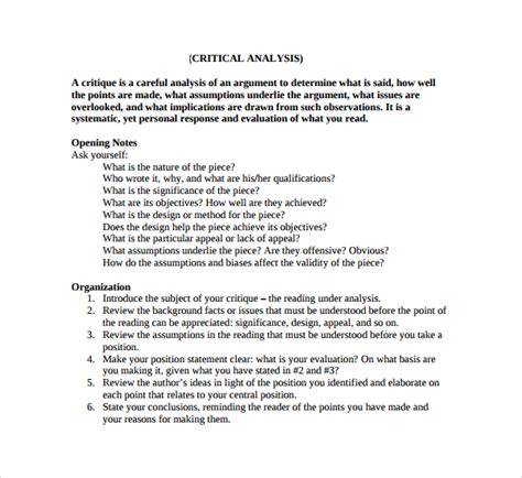 critical analysis template    documents