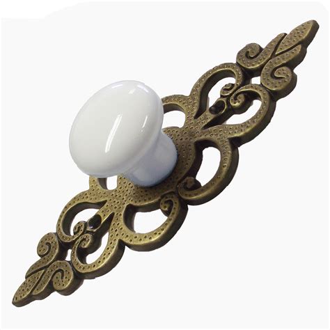 Snobsknobs White Porcelain Button Knob On Ornate Backplate Snobsknobs