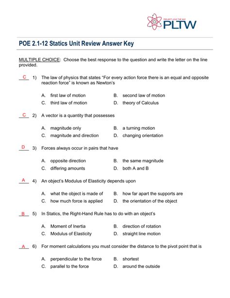poe 2 1 12 statics unit review answer key