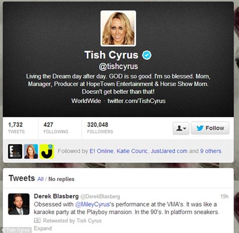 just good fun miley s mother tish cyrus remained silent on her twitter page but re tweeted a