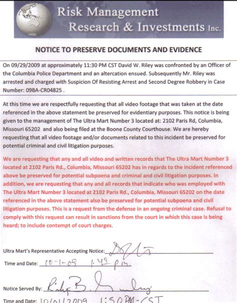 rmri llc investigations notice  preserve evidence effective
