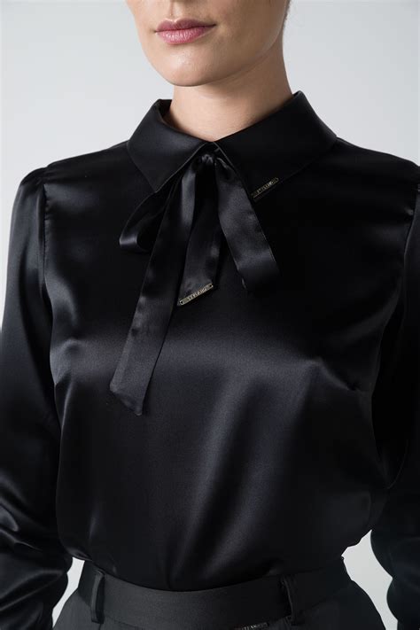 black pussy bow silk shirt with back buttons styland