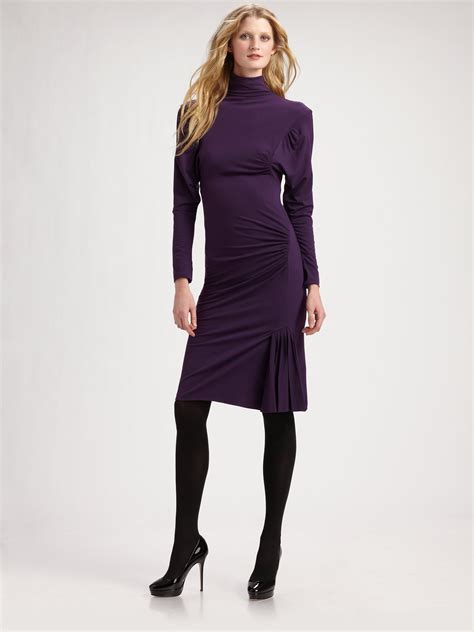 Lyst Alberta Ferretti Ruched Turtleneck Dress In Purple
