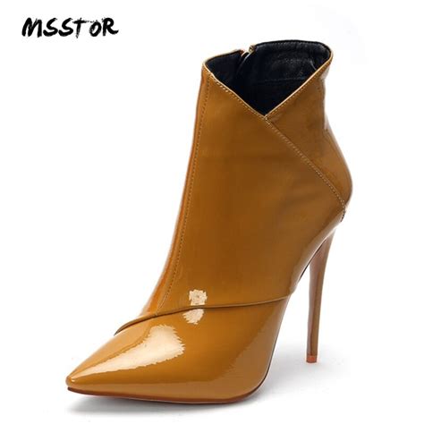 Msstor Sexy Party Fashion Ankle Boots Women Concise Yellow Patent