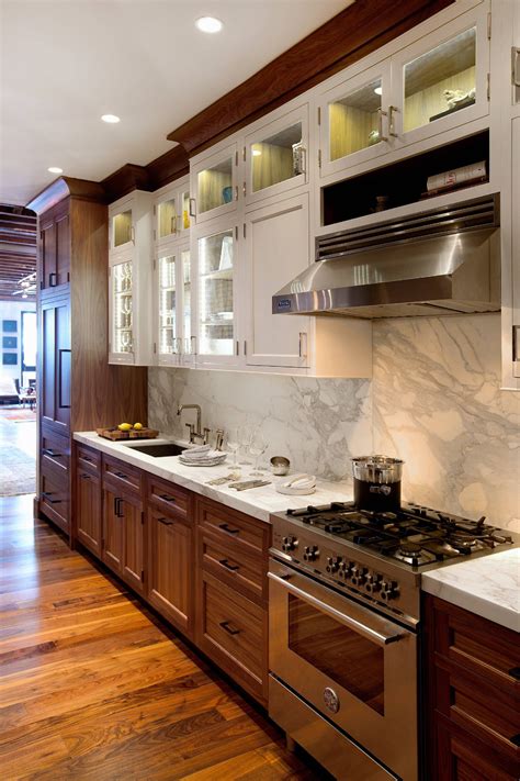 walnut kitchen cabinets modern walnut cabinets white tile backsplash