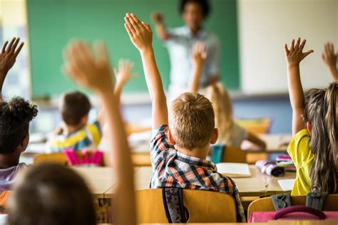 view  elementary students raising  hands   class  imagining migration