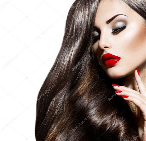 sexy beauty girl with red lips and nails provocative makeup — stock