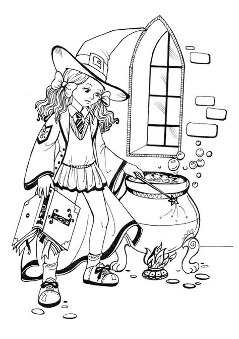 halloween witch cauldron coloring page stock illustration