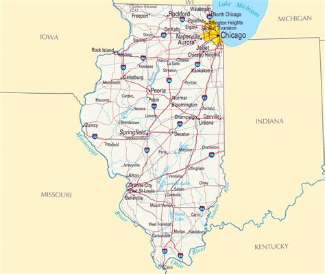 large map  illinois state  roads highways relief  major