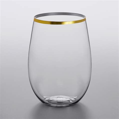 visions 16 oz heavy weight clear plastic stemless wine glass with gold