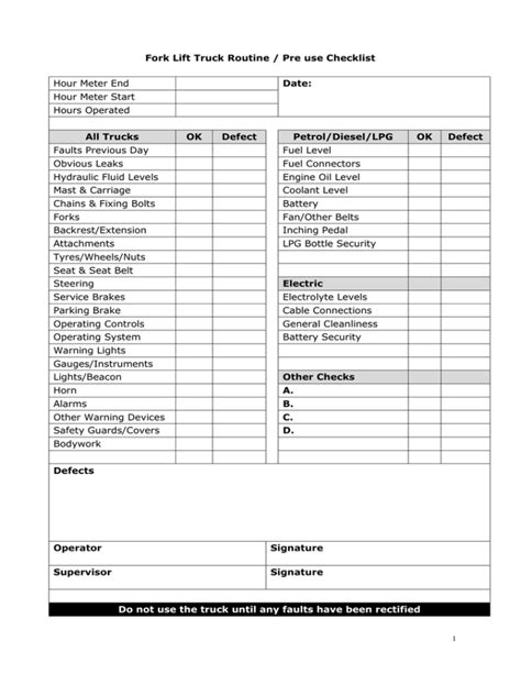printable daily forklift inspection checklist