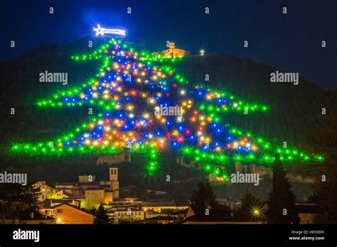 christmas tree illumination  mount ingino   town  gubbio perugia province umbria