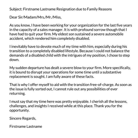 sample resignation letter due  family reasons
