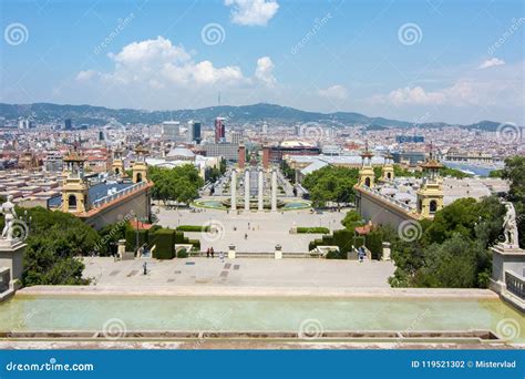 barcelona cityscape  montjuic hill spain stock photo image   landmark