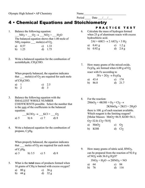 chemical equations  stoichiometry worksheets answers chemical