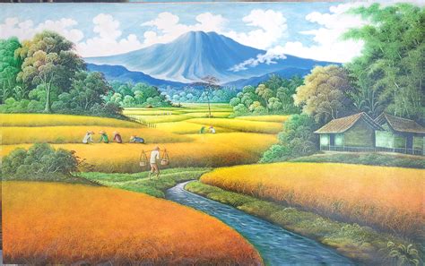 terkeren  lukisan pemandangan kampung sawah padi koleksi rial