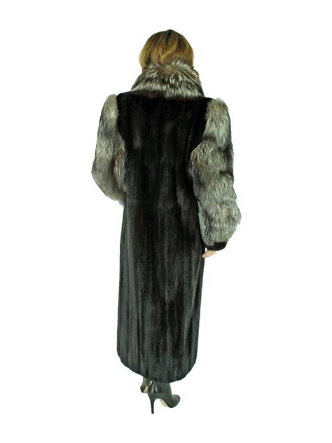 ranch mink fur coat with silver fox sleeves and tuxedo front women s