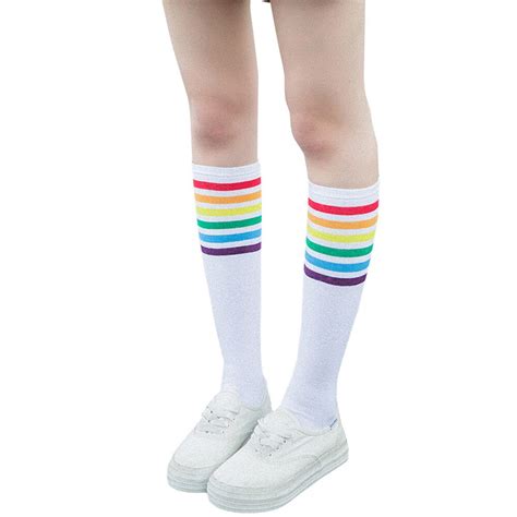 2019 1pair Thigh High Socks Over Knee Rainbow Stripe Girls Socks