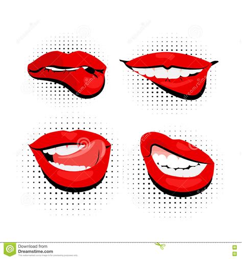 Colored Icons Shiny Red Lips Pop Art Stock Vector