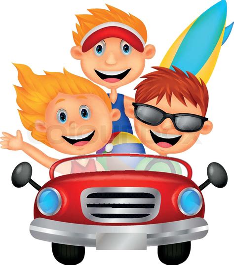 cartoon young man  woman  fun driving  car   road trip stock vector colourbox