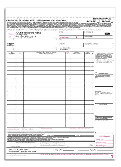 printable sample blank bill  lading form proposal templates