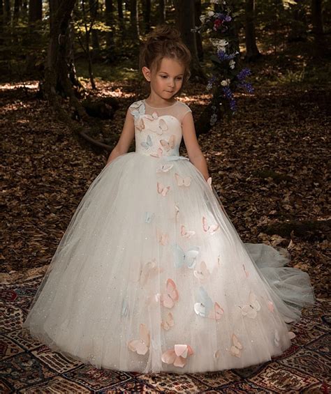 elegant trailing white tulle ball gown flower girl dress butterfly