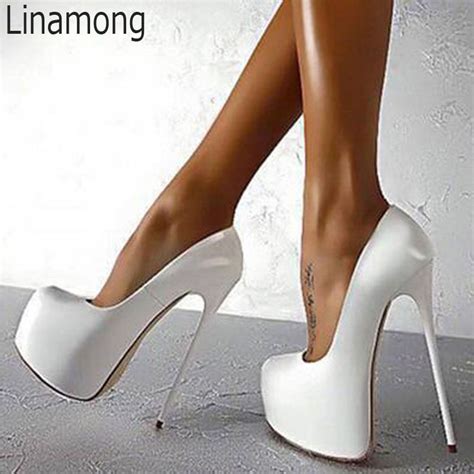 sexy 16 cm ultra high heels high platform pumps solid shiny leather ladies slip on party dress