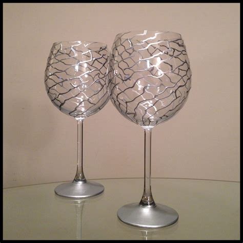 Custom Hand Painted Wine Glasses Silver Abstract Design